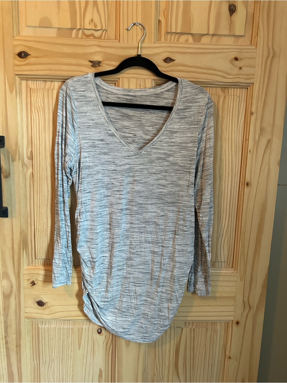 2- Motherhood Maternity Light Gray and Navy V-Neck Long Sleeve Tees
